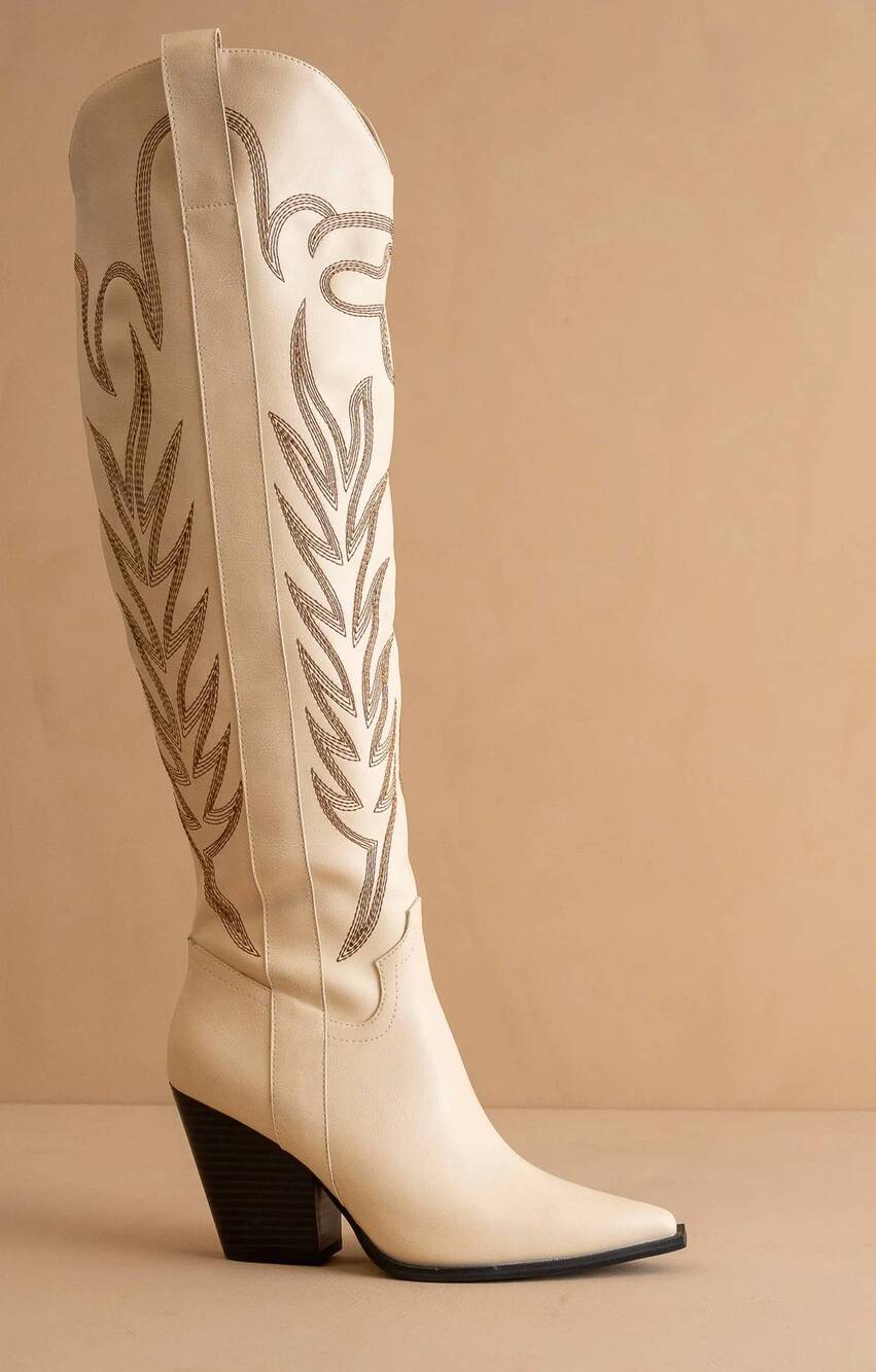 NEW OASIS SOCIETY women's dakota knee-high embroidered boots in off white